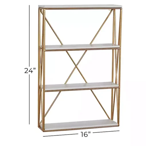 Gold X-Frame Daisy White Wood Wall Shelf