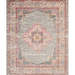 Gray & Pink Central Motif Botanical Area Rug, 8x10