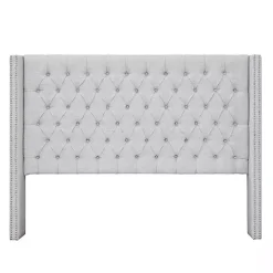 Gray Button Tufted Nailhead Trim Queen Headboard