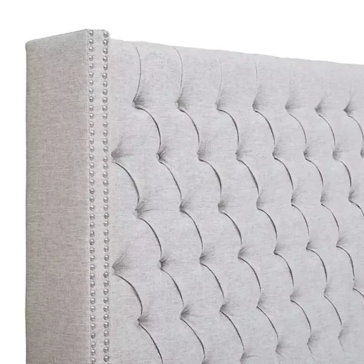 Gray Button Tufted Nailhead Trim Queen Headboard