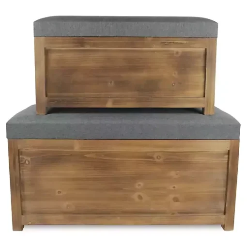 Gray Cushioned Storage Benches, Set of 2