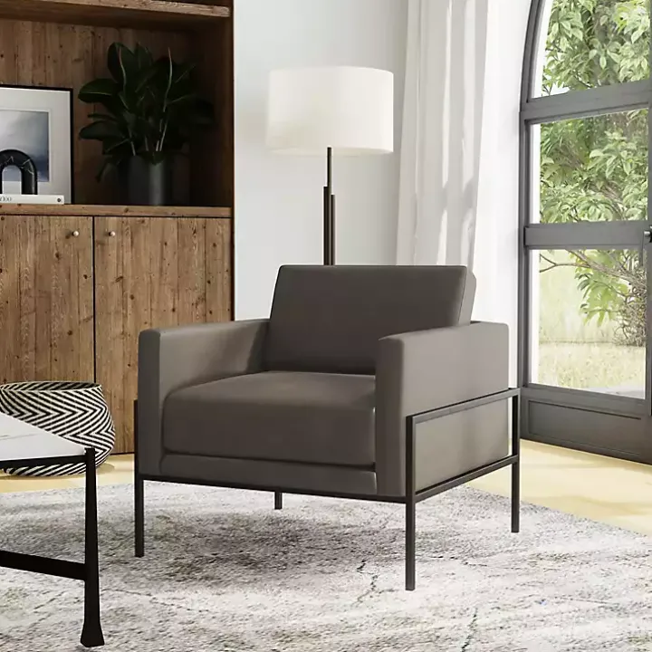 Gray Faux Leather Black Metal Accent Chair