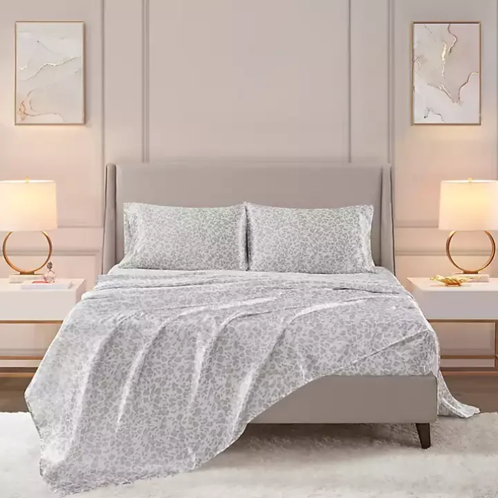 Gray Leopard Print Satin 4-pc. Queen Sheet Set