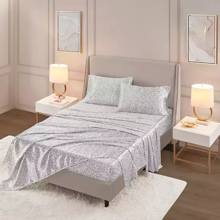 Gray Leopard Print Satin 4-pc. Queen Sheet Set