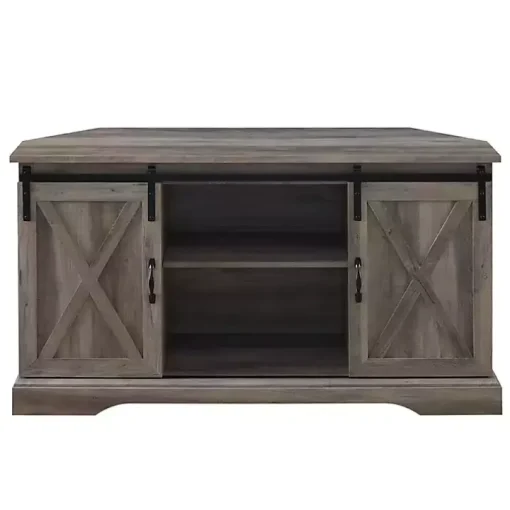 Gray Sliding Barn Doors Corner TV Stand
