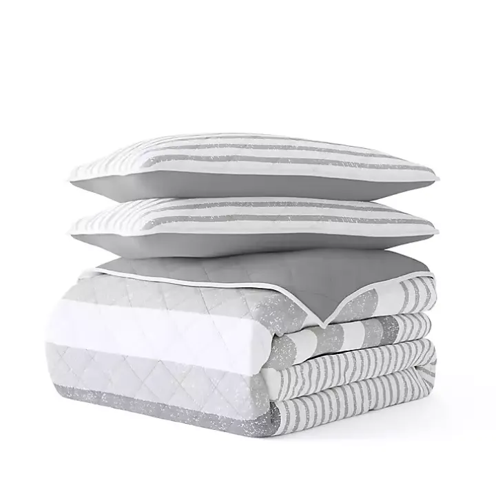 Gray Striped Reversible 3-pc. Queen Quilt Set