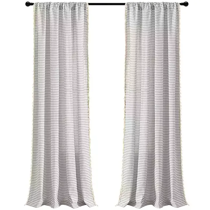 Gray Striped Tassel Curtain Panel Set, 84 in.