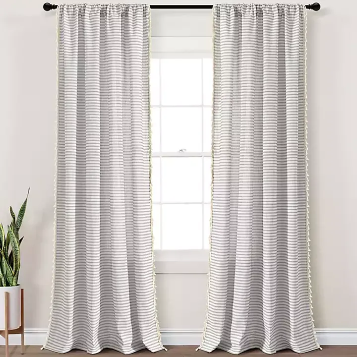 Gray Striped Tassel Curtain Panel Set, 84 in.