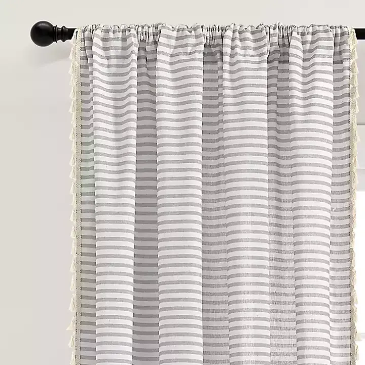 Gray Striped Tassel Curtain Panel Set, 84 in.