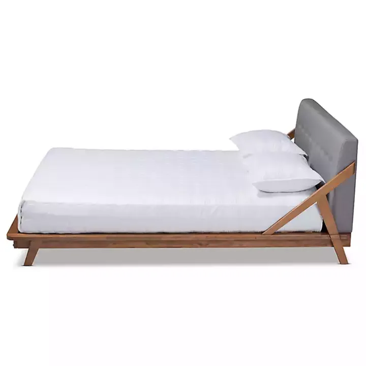 Gray Tufted and Natural Walnut King Platform Bed