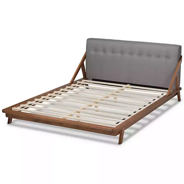 Gray Tufted and Natural Walnut King Platform Bed