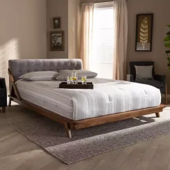 Gray Tufted and Natural Walnut King Platform Bed