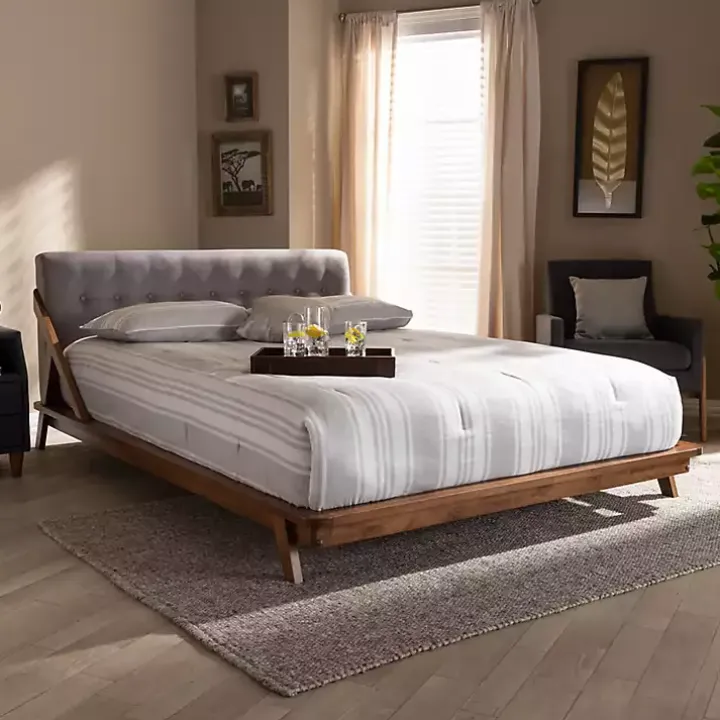 Gray Tufted and Natural Walnut King Platform Bed