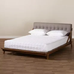 Gray Tufted and Natural Walnut King Platform Bed