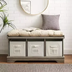 Gray Wash Entryway Bench and Storage Bins