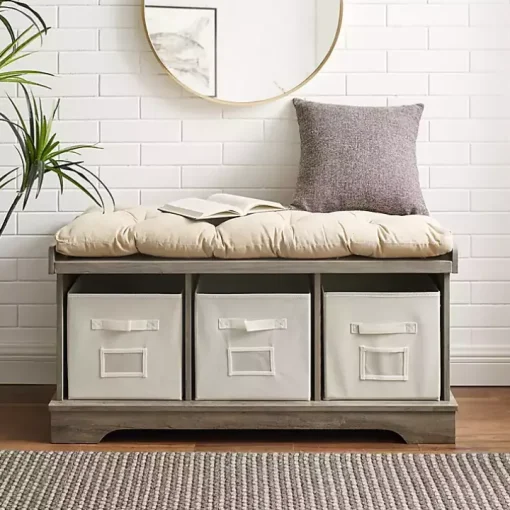 Gray Wash Entryway Bench and Storage Bins