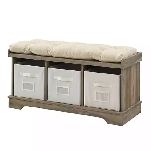 Gray Wash Entryway Bench and Storage Bins