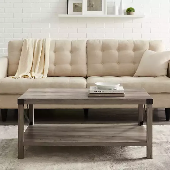 Gray Wash Industrial X-Frame Coffee Table