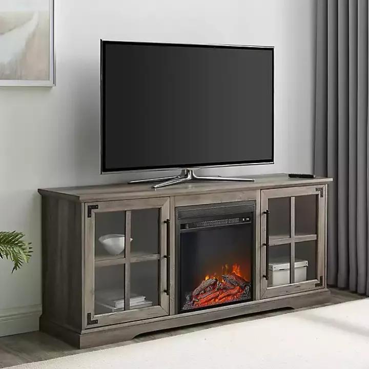 Gray Wood 2-Door LED Fireplace Cabinet