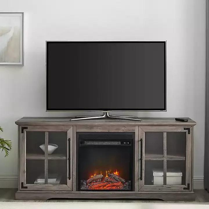 Gray Wood 2-Door LED Fireplace Cabinet