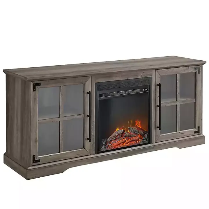 Gray Wood 2-Door LED Fireplace Cabinet