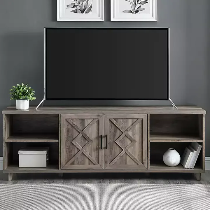 Graywash Wood Helix Open Shelf TV Stand