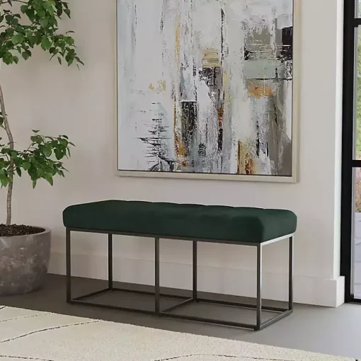 Green Faux Suede Upholstered Metal Frame Bench