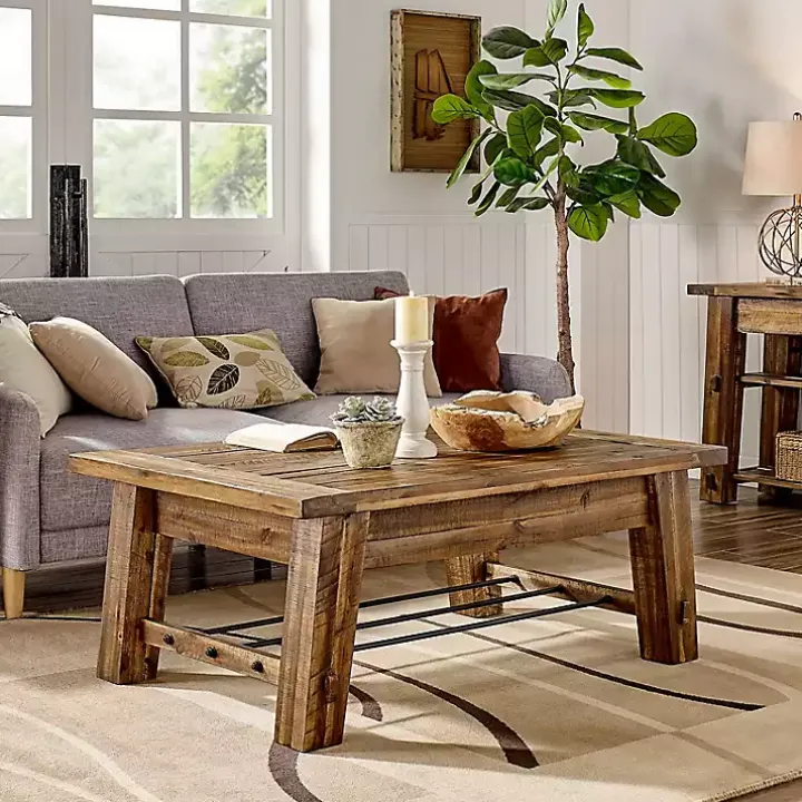 Honey Acacia Wood Coffee Table with Metal Bars