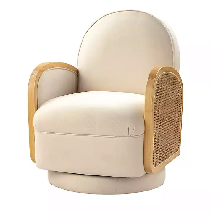 Ivory & Natural Rattan Swivel Accent Chair