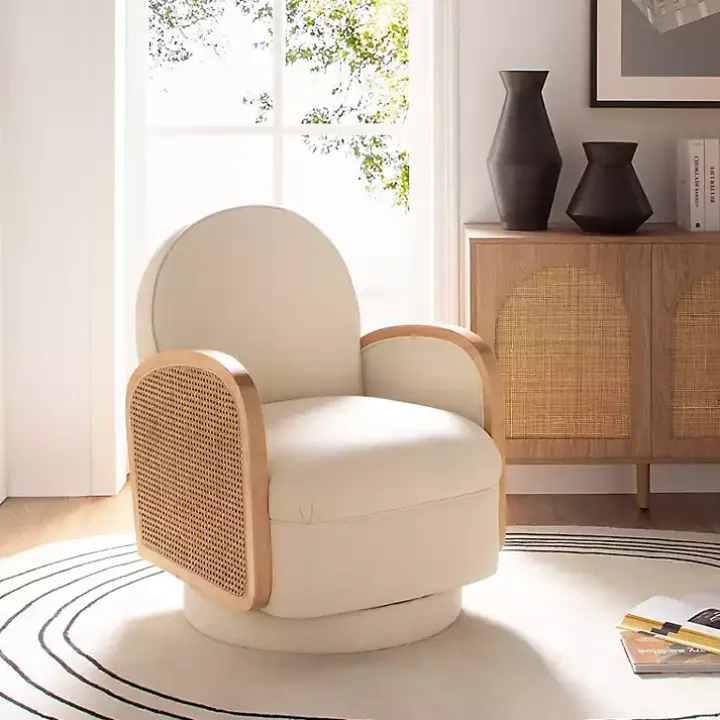 Ivory & Natural Rattan Swivel Accent Chair