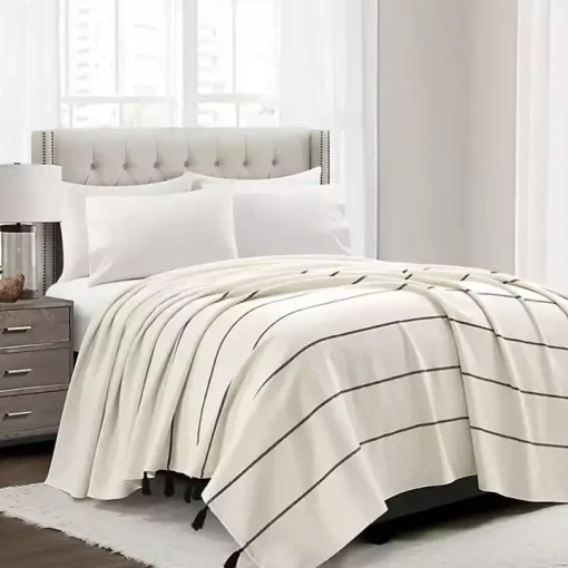 Ivory and Black Striped King Coverlet