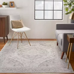 Ivory and Gray Oushak Medallion Area Rug, 6x9