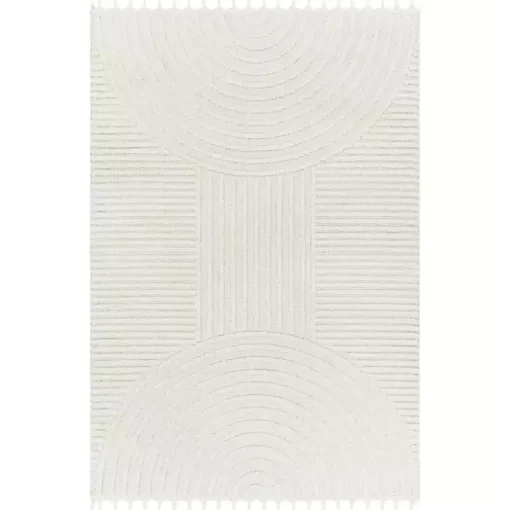 Ivory Geometric Lines Tassel Area Rug, 6x9