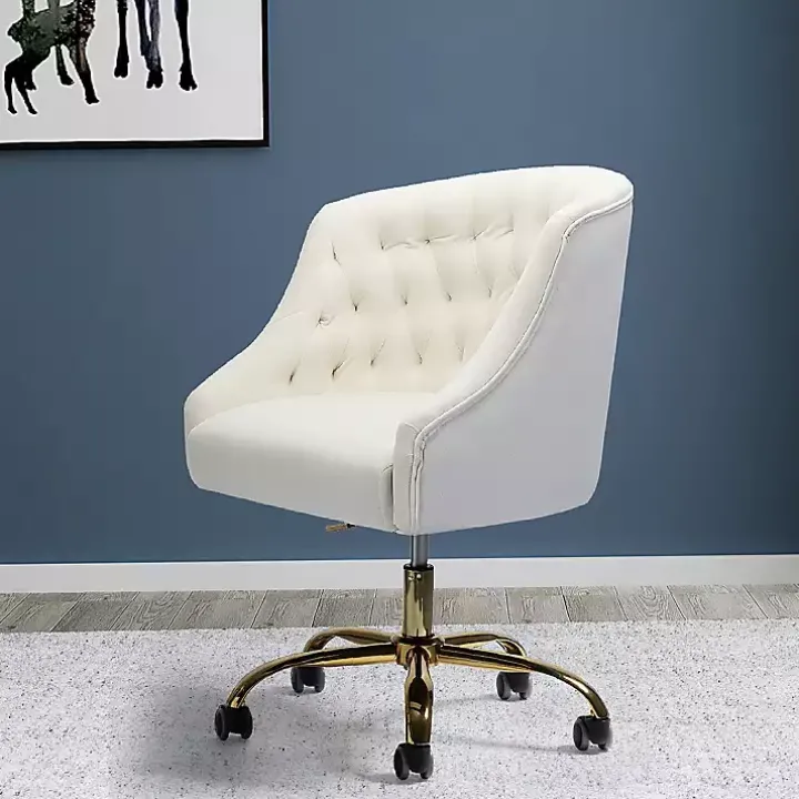 Ivory Velvet Tufted Golden Leg Swivel Office Chair