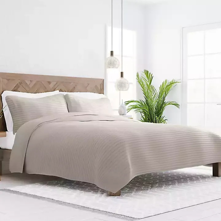 Latte Stitched Stripes 3-pc. Queen Quilt Set