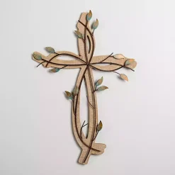 Leafy Cross Wood and Metal Wall Plaque