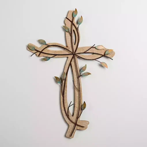 Leafy Cross Wood and Metal Wall Plaque