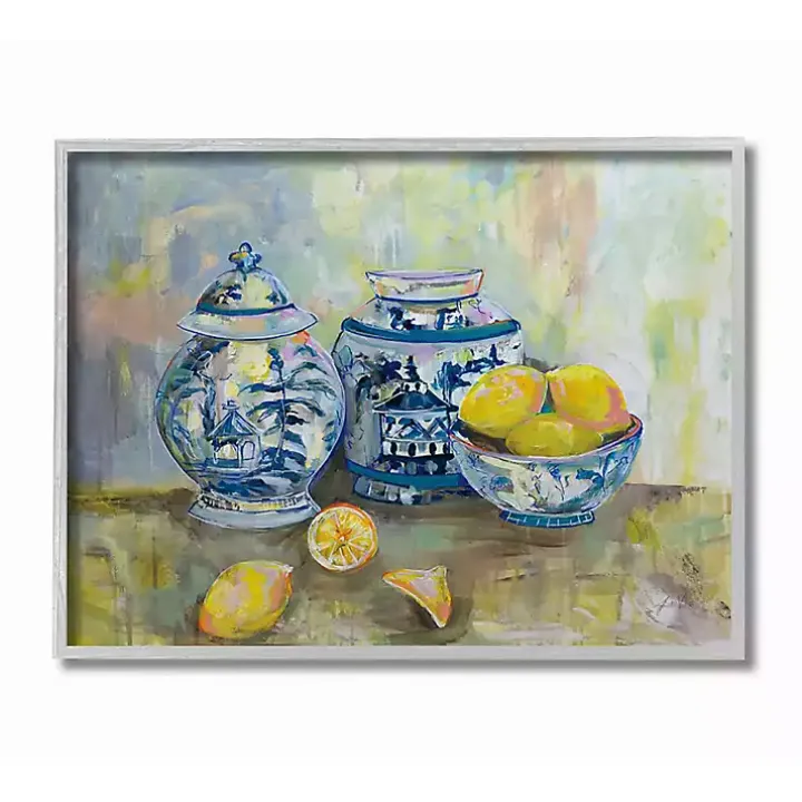 Lemons in Blue Pottery Wooden Art