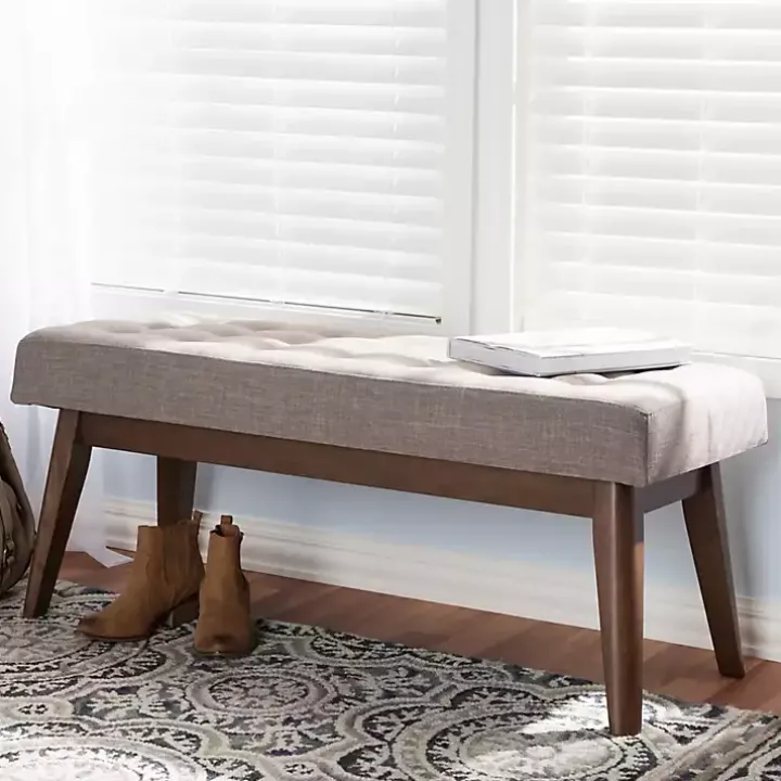 Light Gray Tufted Walnut Wood Bench