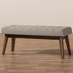 Light Gray Tufted Walnut Wood Bench