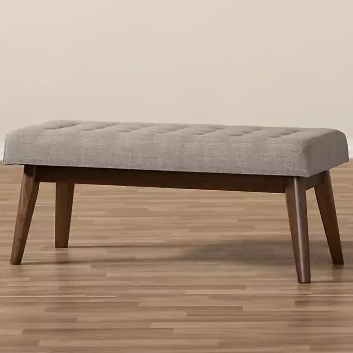 Light Gray Tufted Walnut Wood Bench