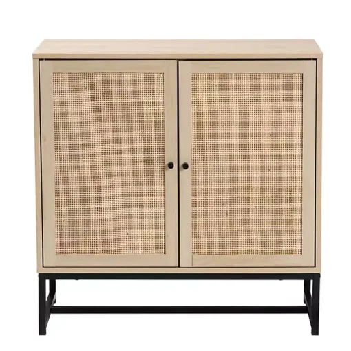 Light Wood and Rattan 2-Door Cabinet