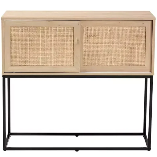 Light Wood and Rattan Sliding Door Cabinet