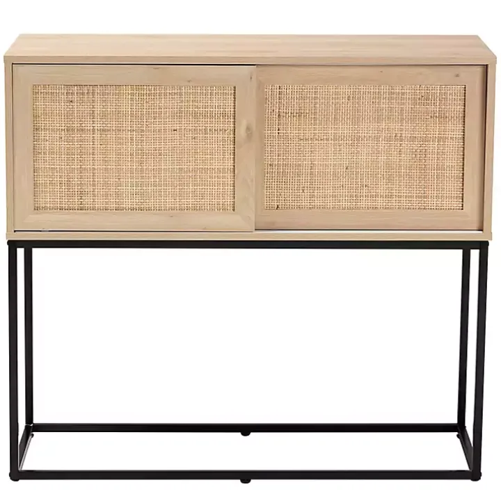 Light Wood and Rattan Sliding Door Cabinet