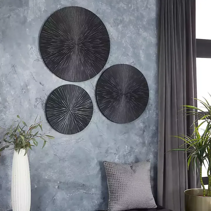 Matte Black Ribbed Sunburst Wall Plates, Set of 3