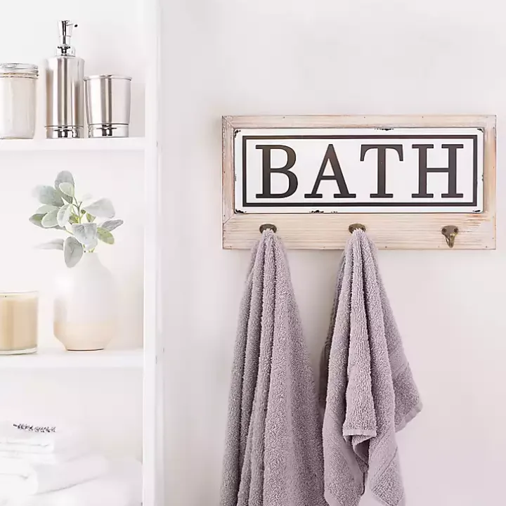 Metal and Wood Bath Sign with Hooks