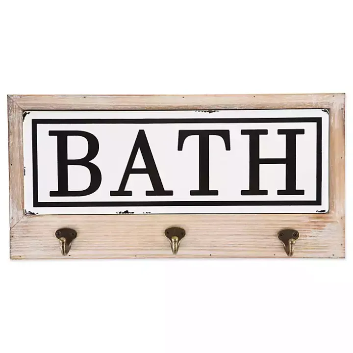 Metal and Wood Bath Sign with Hooks