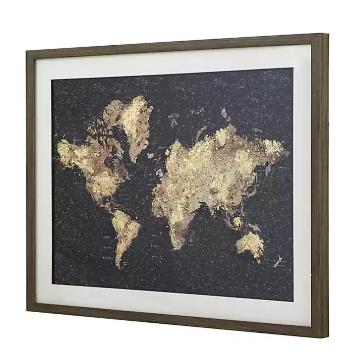 Metallic Gold World Map Framed Art Print