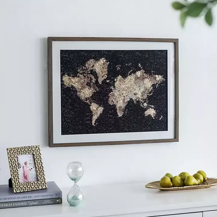 Metallic Gold World Map Framed Art Print