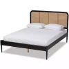 Mid-Century Black Wood Rattan Queen Platform Bed
